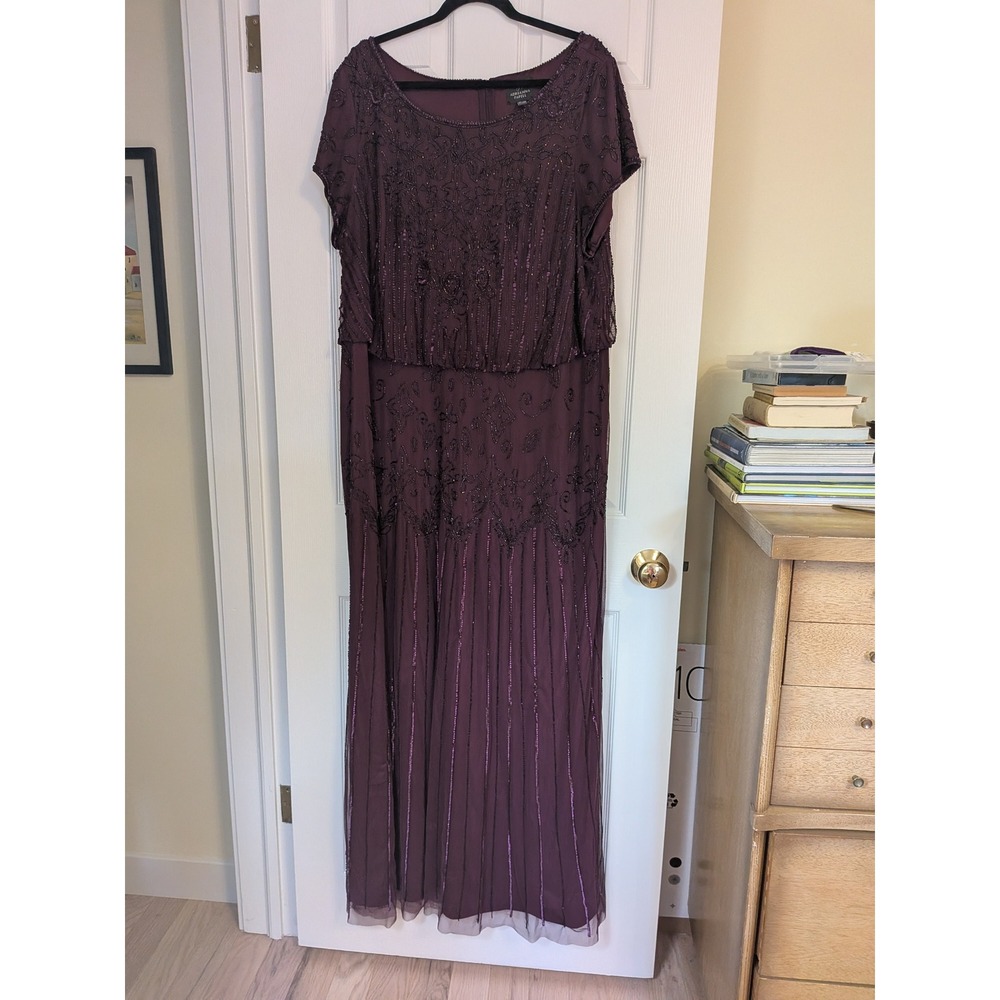 Adrianna Papell Plum Purple Beaded Sequin Blouson Maxi Gown Dress Plus Size 24W